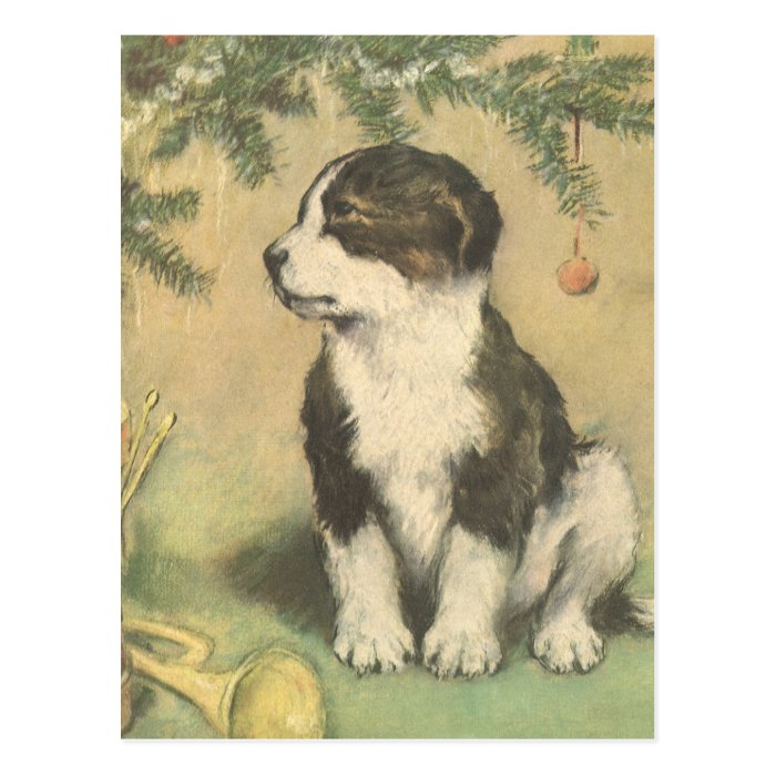 Vintage Christmas, Cute Puppy Under Christmas Tree Post Cards