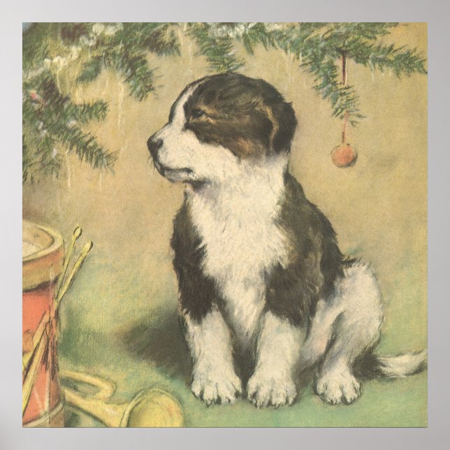 Vintage Christmas, Cute Puppy Under Christmas Tree Poster (Front)