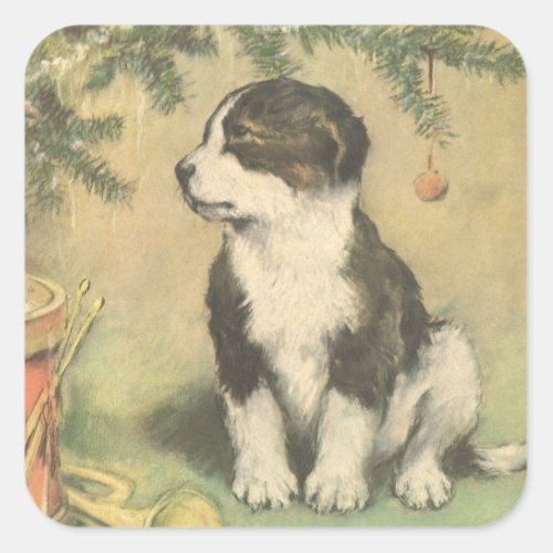 Vintage Christmas Cute Puppy Under Christmas Tree Square Sticker