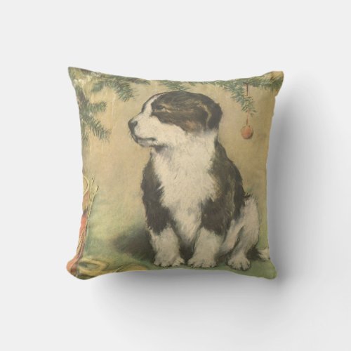 Vintage Christmas Cute Puppy Under Christmas Tree Throw Pillow