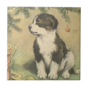 Vintage Christmas, Cute Puppy Under Christmas Tree Tile