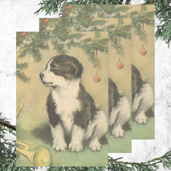 Vintage Christmas  Cute Puppy Under Christmas Tree Wrapping Paper Sheets by ChristmasCafe at Zazzle