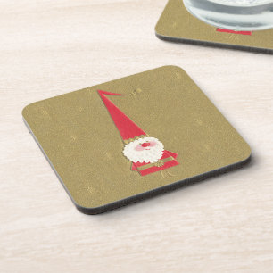 Vintage Christmas, Cute Santa Claus Gnome on Gold Beverage Coaster