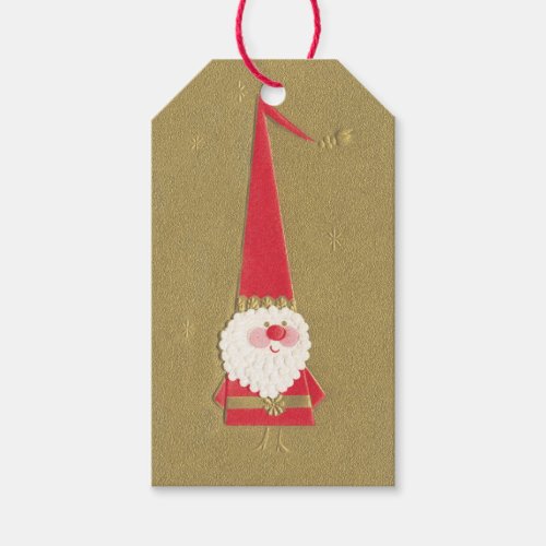 Vintage Christmas Cute Santa Claus Gnome on Gold Gift Tags