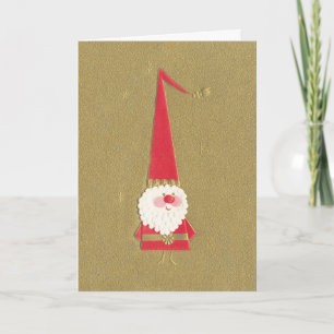 Vintage Christmas, Cute Santa Claus Gnome on Gold Holiday Card