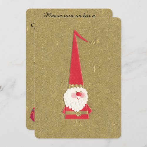 Vintage Christmas Cute Santa Claus Gnome on Gold Invitation