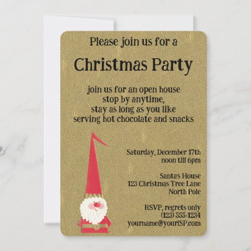 Vintage Christmas Cute Santa Claus Gnome on Gold Invitation