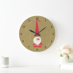 Vintage Christmas, Cute Santa Claus Gnome on Gold Large Clock