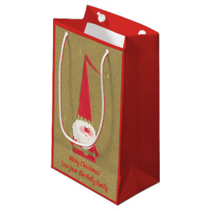 Vintage Christmas, Cute Santa Claus Gnome on Gold Small Gift Bag