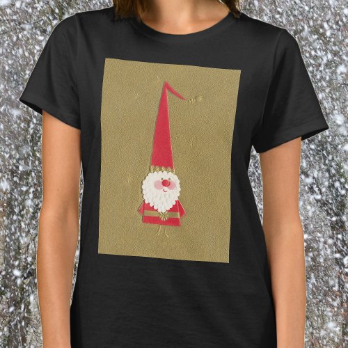 Vintage Christmas Cute Santa Claus Gnome on Gold T_Shirt