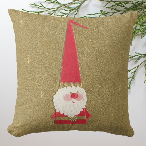 Vintage Christmas Cute Santa Claus Gnome on Gold Throw Pillow