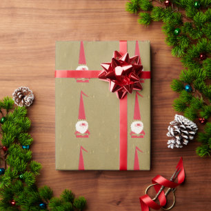 Vintage Christmas, Cute Santa Claus Gnome on Gold Wrapping Paper