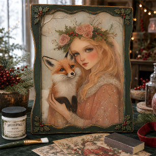 Vintage Christmas Cute Scene Girl & Fox Decoupage Tissue Paper