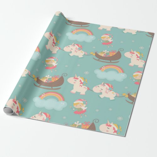Vintage Christmas Cute Unicorn Wrapping Paper