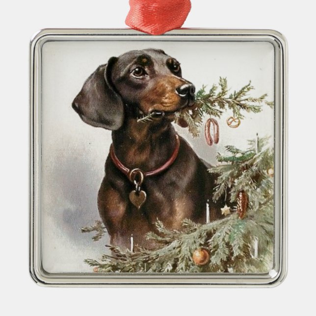 Vintage Christmas Dachshund Dog Metal Ornament (Front)