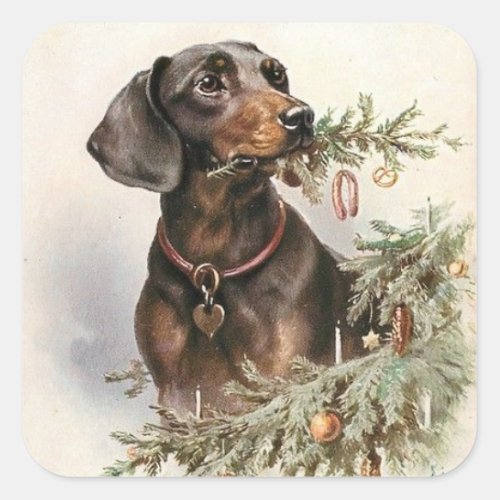 Vintage Christmas Dachshund Dog Square Sticker