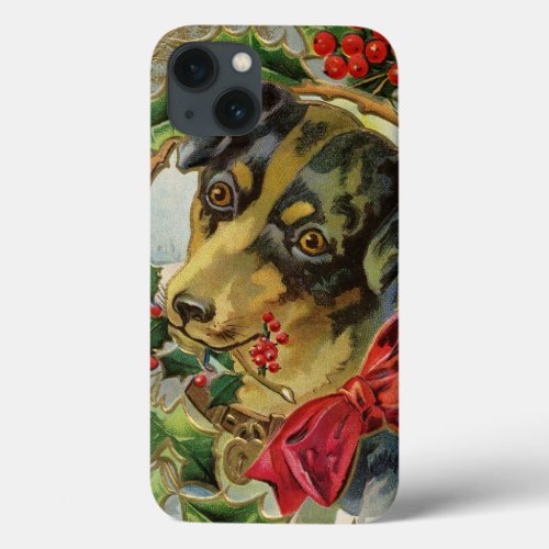Vintage Christmas Dachshund Puppy Dog with Holly iPhone 13 Case