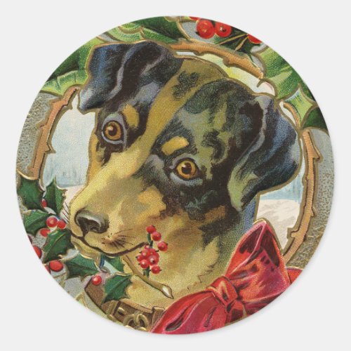Vintage Christmas Dachshund Puppy Dog with Holly Classic Round Sticker