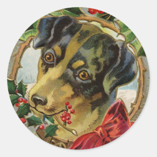 Vintage Christmas, Dachshund Puppy Dog with Holly Classic Round Sticker