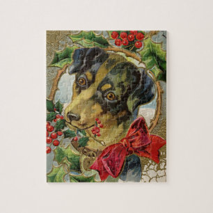 Vintage Christmas, Dachshund Puppy Dog with Holly Jigsaw Puzzle