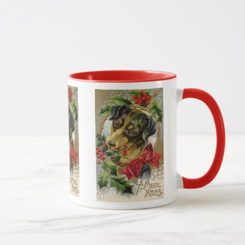 Vintage Christmas Dachshund Puppy Dog with Holly Mug