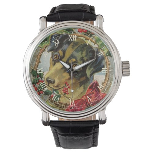 Vintage Christmas Dachshund Puppy Dog with Holly Watch