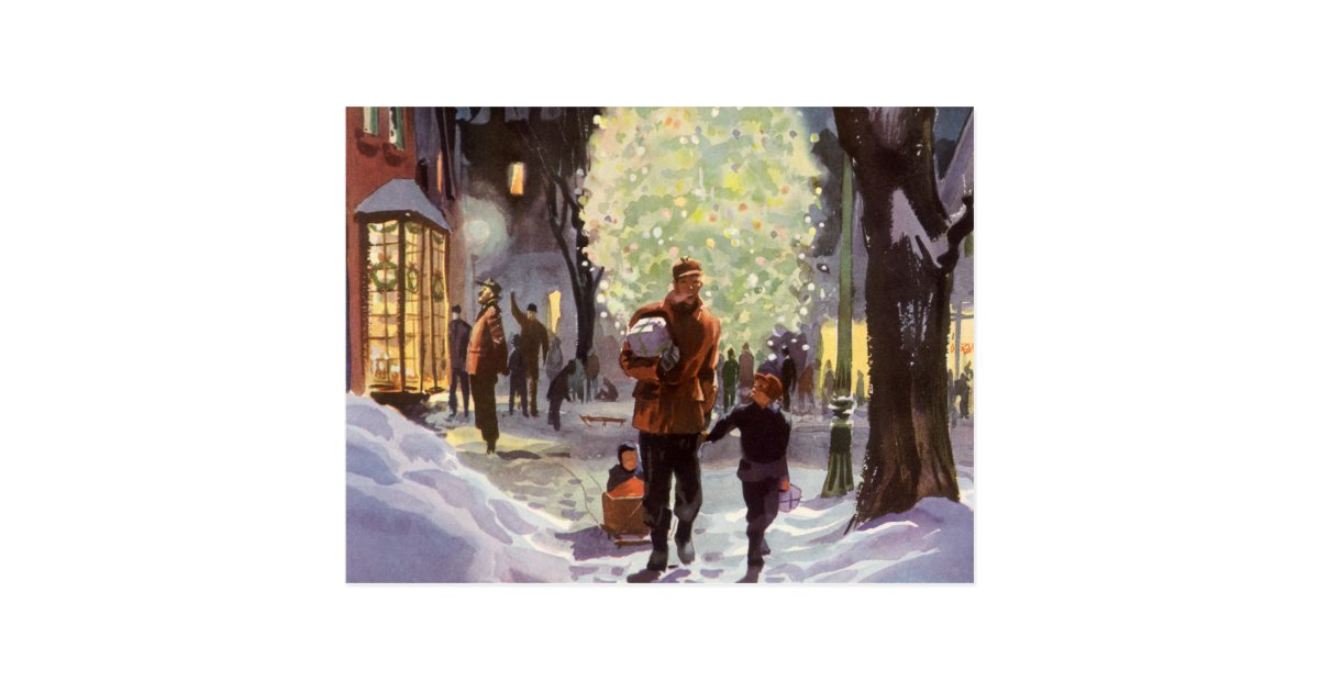 Vintage Christmas, Dad Shopping with the Kids Postcard | Zazzle