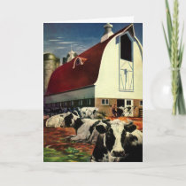 Vintage Christmas, Dairy Cows with Barn on a Farm Holiday Card