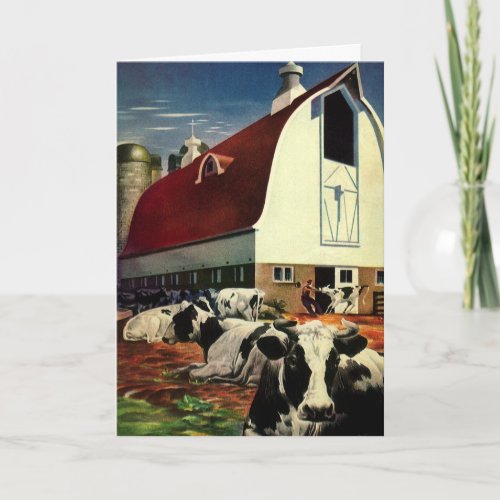 Vintage Christmas Dairy Cows with Barn on a Farm Holiday Card