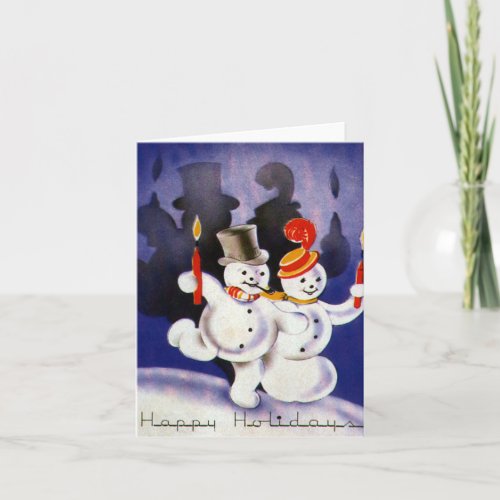 Vintage Christmas Dancing Snowmen with Candles Holiday Card