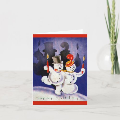 Vintage Christmas Dancing Snowmen with Candles Holiday Card