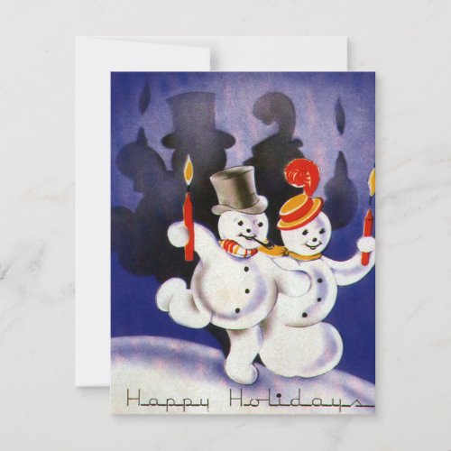 Vintage Christmas Dancing Snowmen with Candles Holiday Card