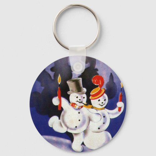 Vintage Christmas Dancing Snowmen with Candles Keychain