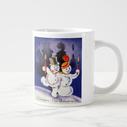 Vintage Christmas Dancing Snowmen with Candles Large Coffee Mug