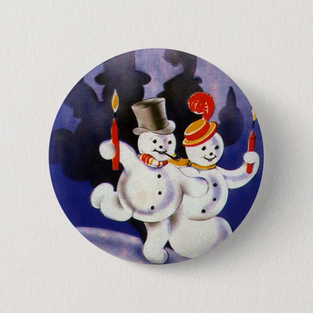 Vintage Christmas Dancing Snowmen with Candles Pinback Button (Front)