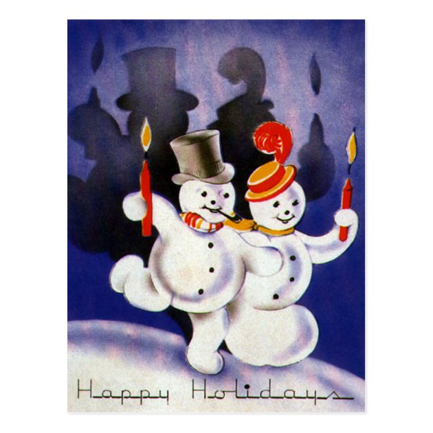 Vintage Christmas Dancing Snowmen With Candles Postcard