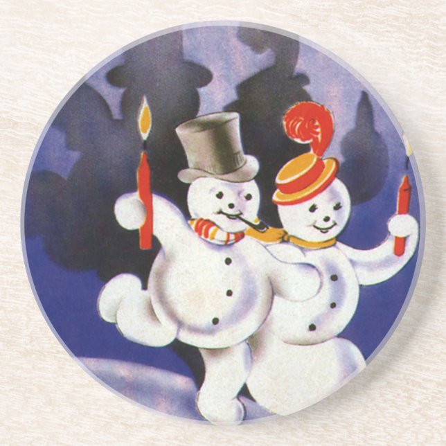 Vintage Christmas Dancing Snowmen with Candles Sandstone Coaster (Front)