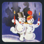 Vintage Christmas Dancing Snowmen with Candles Square Sticker<br><div class="desc">Vintage illustration Christmas holidays image featuring two dancing snowmen holding candles. The glow of the candlelight is creating shadows in the background. Text reads,  Happy Holidays!</div>