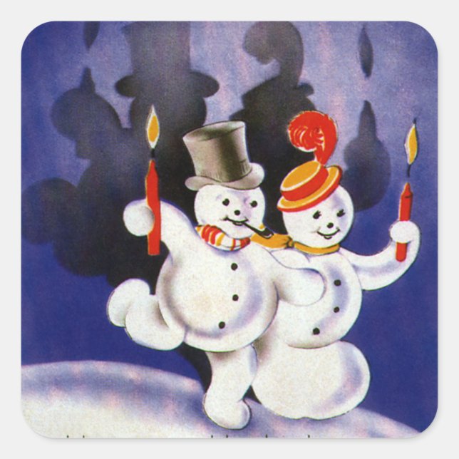 Vintage Christmas Dancing Snowmen with Candles Square Sticker (Front)
