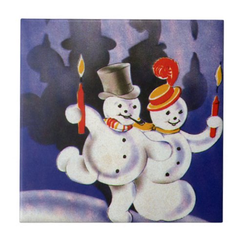 Vintage Christmas Dancing Snowmen with Candles Tile