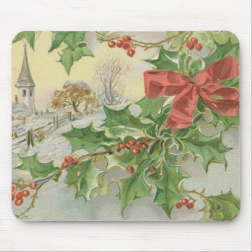 Vintage Christmas Day Snow  Holly Mouse Pad