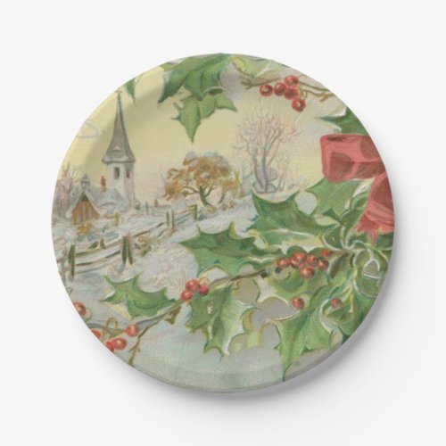 Vintage Christmas Day Snow  Holly Paper Plates