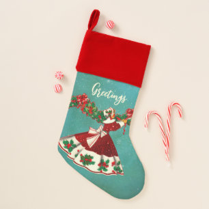 Vintage Christmas decoration red glitter girl  Stocking