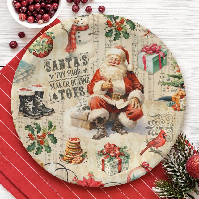 Vintage Christmas Decoupage Paper Plates (A festive Christmas Santa Claus party plate.)