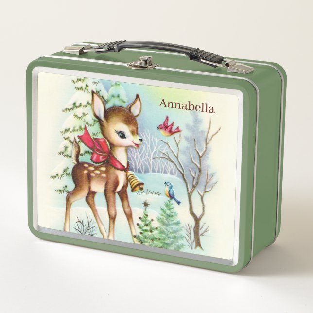 vintage Christmas deer add name Metal Lunch Box (Front)