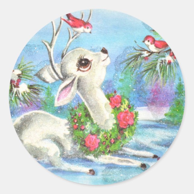 Vintage Christmas Deer And Birds Classic Round Sticker (Front)