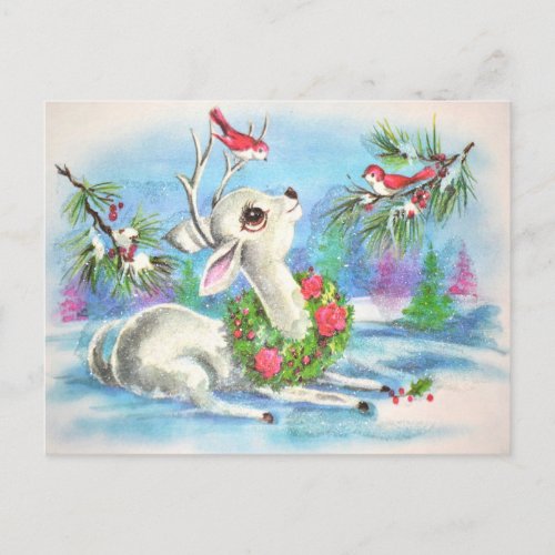 Vintage Christmas Deer And Birds Holiday Postcard