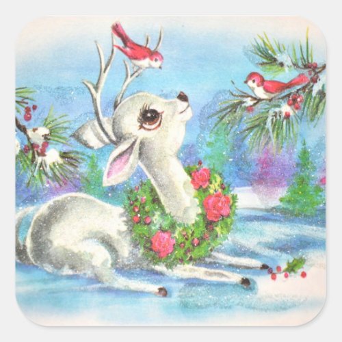 Vintage Christmas Deer And Birds Square Sticker