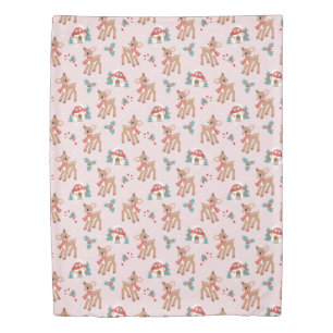 Vintage Christmas Deer and Mushroom Houses Pattern Duvet Cover
