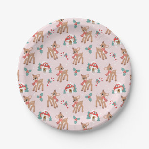 Vintage Christmas Deer and Mushroom Houses Pattern Paper Plates